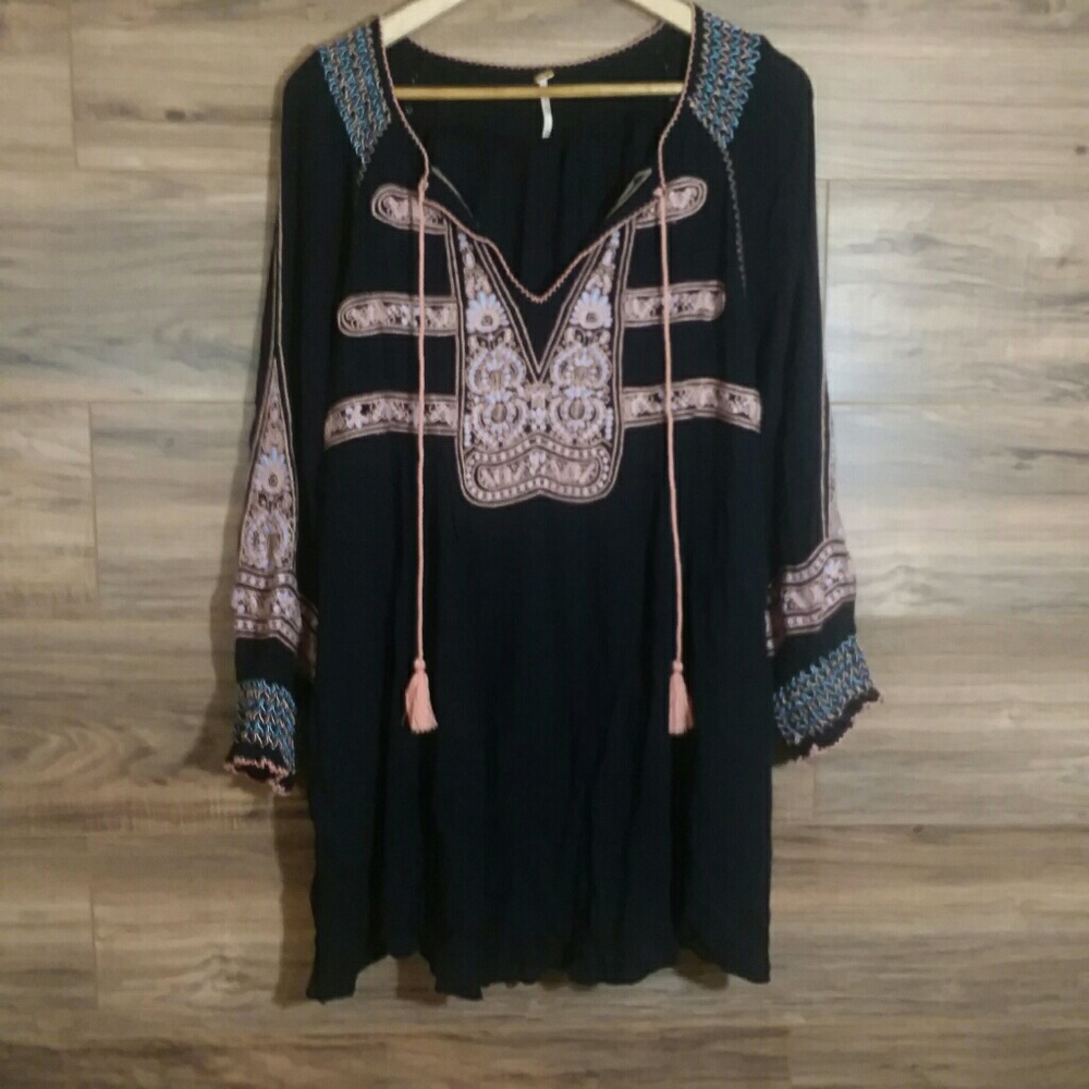 Free People Wind Willow Embroidered Black Tunic